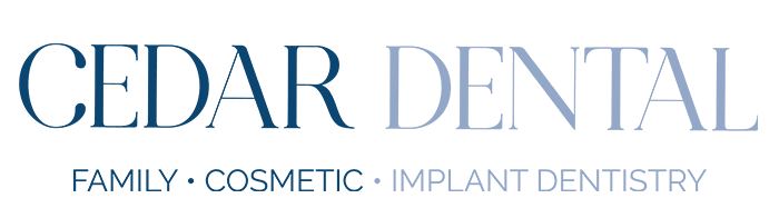 The image shows a logo with text that reads  CEDAR DENTAL,  followed by additional text indicating services such as  family, cosmetic, implant dentistry.  The design includes a stylized letter  D  and a graphic element resembling a tooth or dental implant.