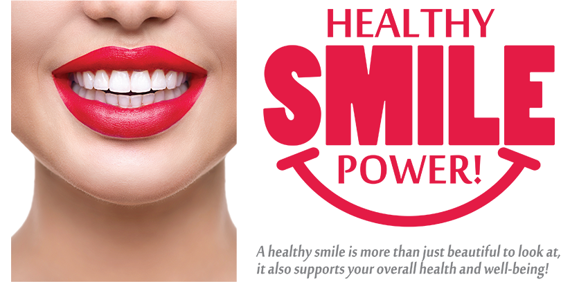 The image features a close-up of a person s face with red lipstick, advertising  Healthy Smile Power,  which is likely related to dental care or cosmetic services.