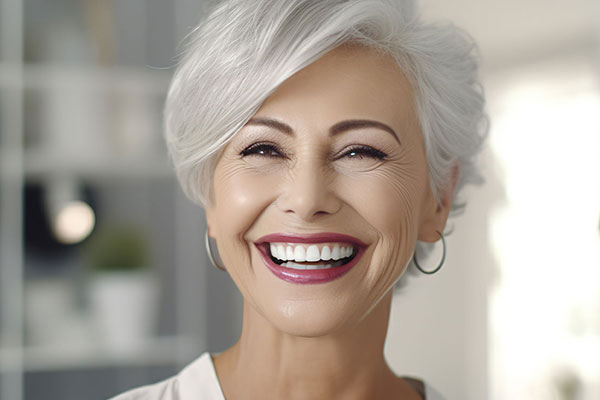 The image shows a smiling older woman with short hair, wearing makeup and a white top, standing indoors against a blurred background.